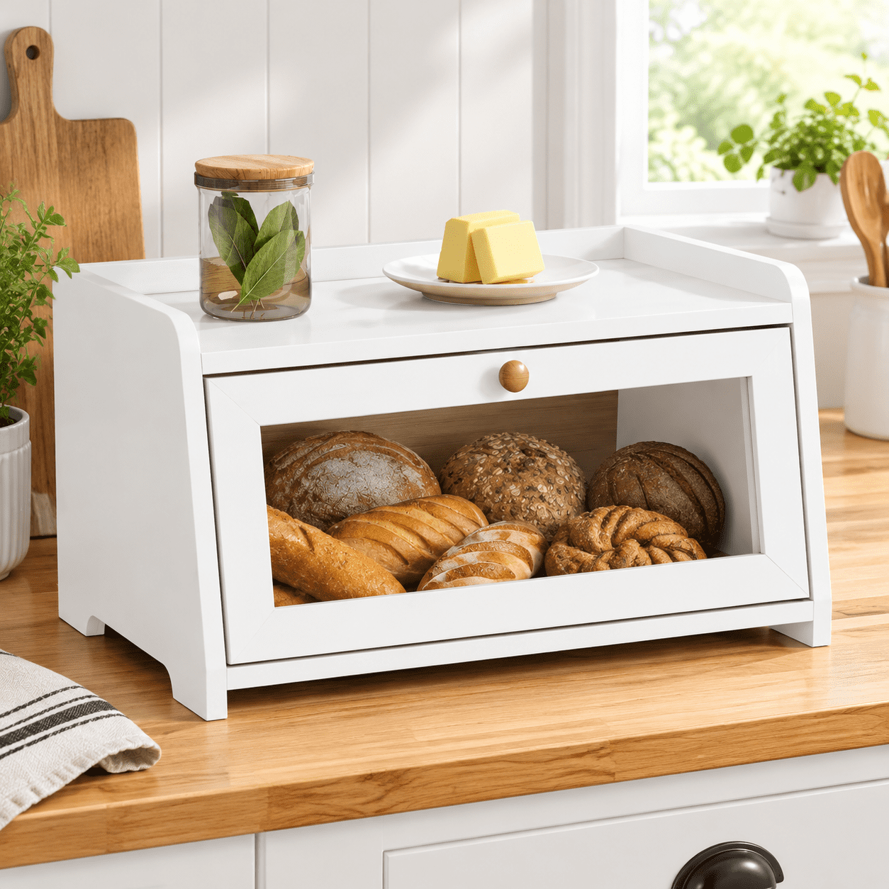 White 1-Tier Large Bread Box for Kitchen Countertop Baked Goods Storage ...