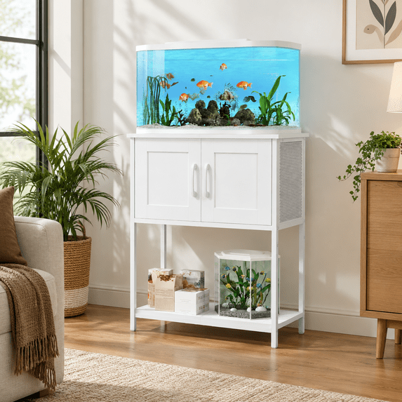 White 10 Gallon Metal Frame Aquarium Stand with Storage Cabinet and Open Shelf