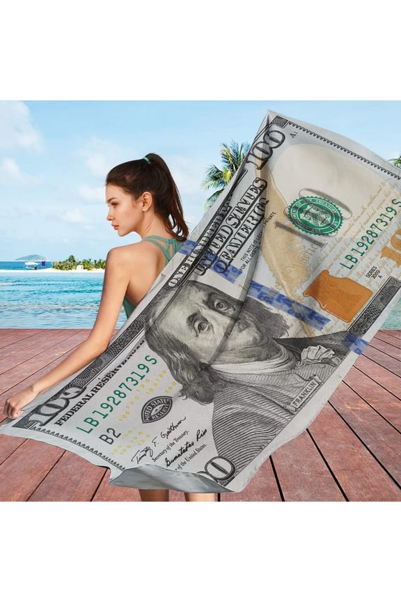 White $100 Bill Pattern Beach Towel Microfiber Soft Beach Towel Large Bath Spa Travel Funny Bathroom Towel 28 x 59 Quick Drying Sandproof Lightweight