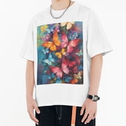 White 100% Cotton Short Sleeve Shirt with Oil Painting Butterfly Print