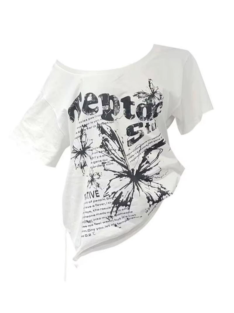 White 100% Cotton Y2k Vintage Oversize Off shoulder Short sleeve T 