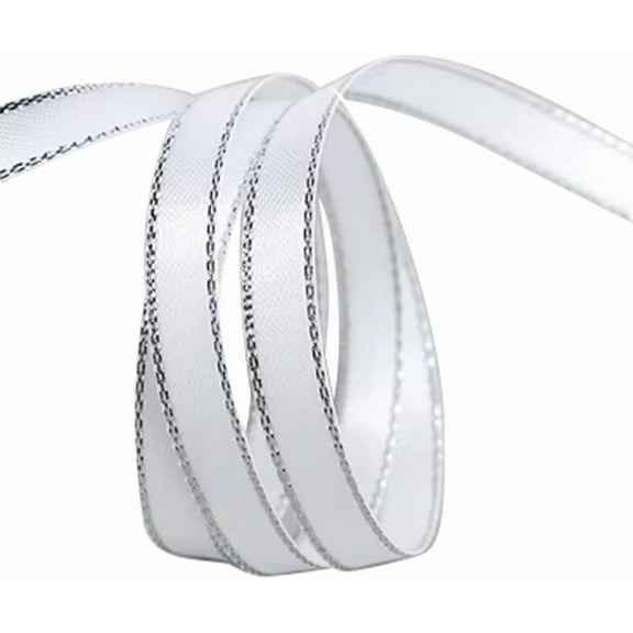 White 100 Yards 3/8 Inch White Silver Ribbon Double Edge Metallic Border Ribbon Ribbons Bulk with Spool for Sewing Making Crafts Wedding Bouquet Gift Wrapping Christmas Supply White DIY