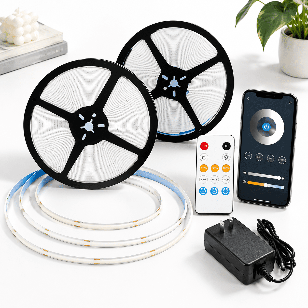 White 100FT Dimmable COB LED Strip Lights with Remote and App Control ...