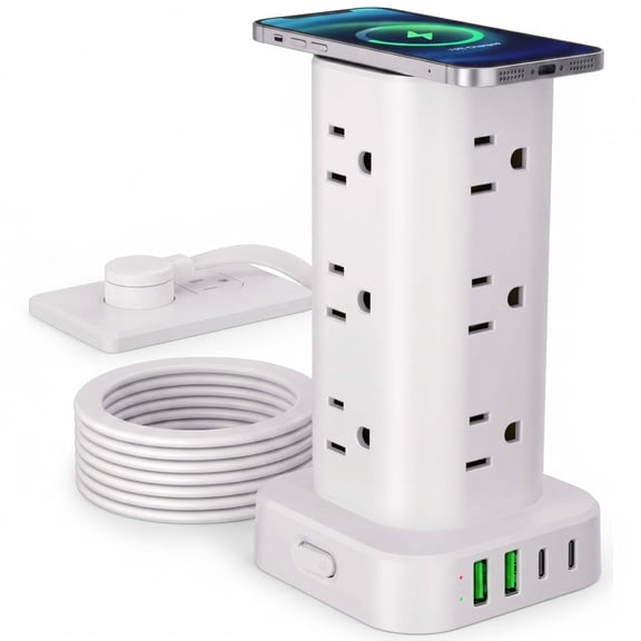 White 10FT with Wireless Charging Flat Plug Surge Protector Tower with 12 AC Outlets and USB Ports