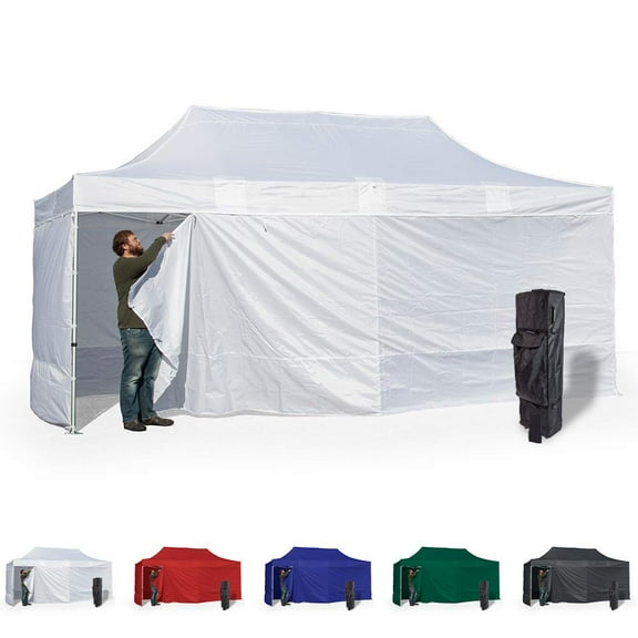 White 10x20 Instant Canopy Tent and 4 Side Walls - Commercial Grade Aluminum Frame with Water-Resistant Canopy Top and Sidewall - Bag and Stake Kit Included (5 Color Options)