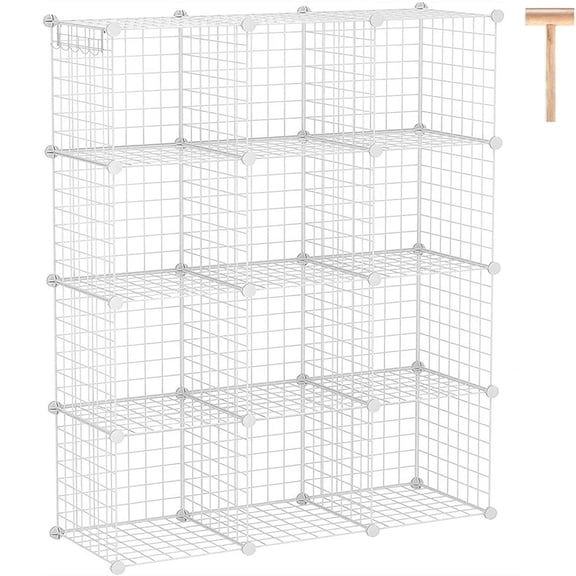 White 12-Cube Metal Grid Modular Storage Shelf Unit for Bedroom Office Closet
