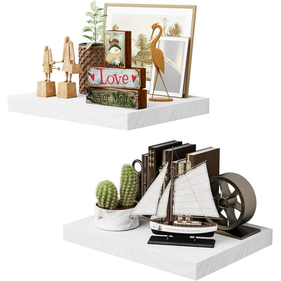 White 12 Inch Deep Floating Shelves Set of 2, Rustic Wood Shelving Live Edge Shelves Display, Bathroom Wall Shelf Decor for Living Room, Kitchen, Office