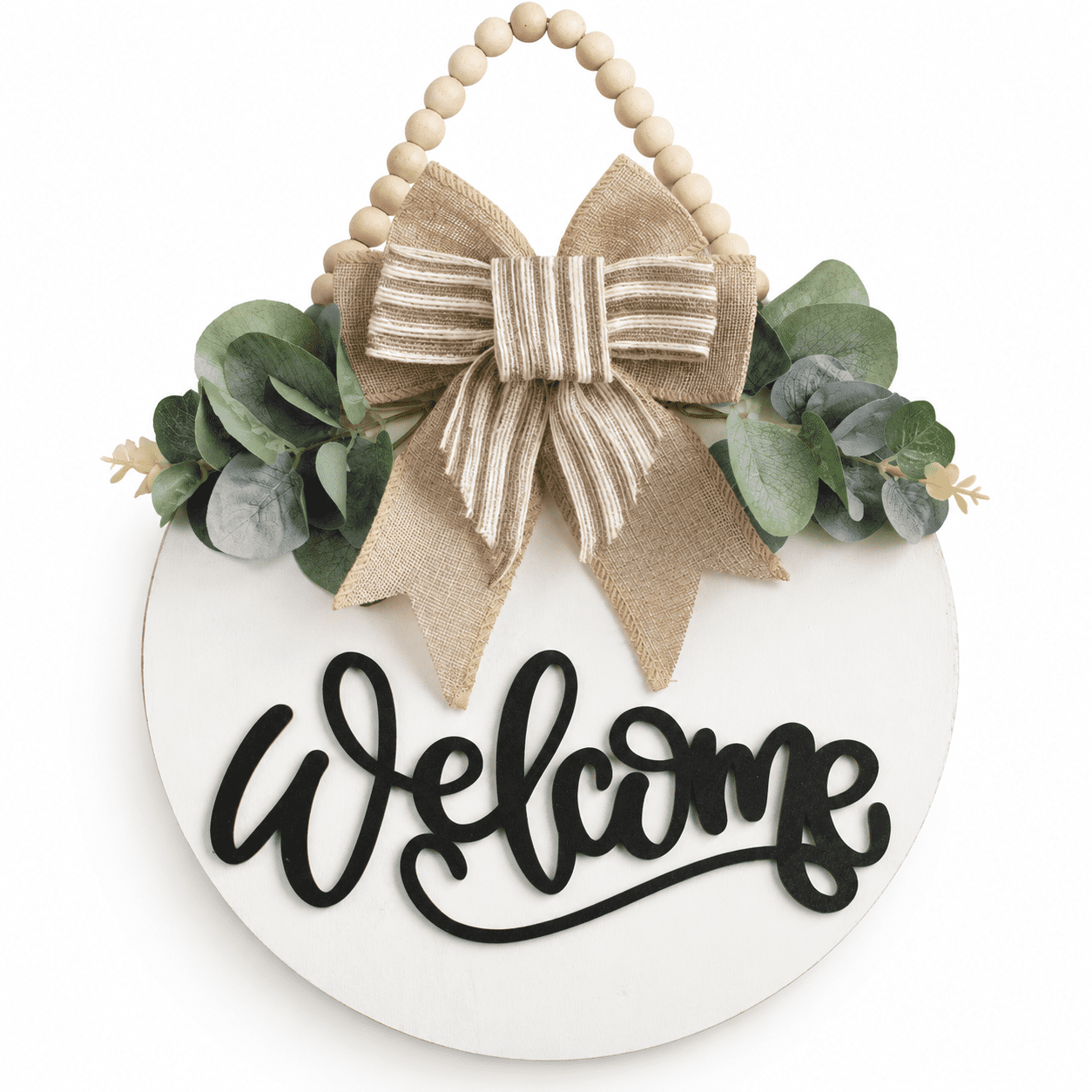 White 12 Inch Round Wooden Welcome Sign For Front Door Seasonal Decor ...
