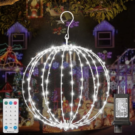White 12" LED Christmas Ball Lights, Foldable Metal Sphere Hanging Lights, Waterproof Connectable Globe Lights with Timer & 16 Light Modes for Indoor Outdoor Xmas Tree Decoration