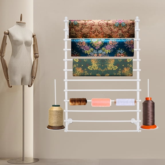 White 12-Tier Wall Mounted Ribbon Organizer Rack, Metal Fabric Holder with Thread Spool Rod