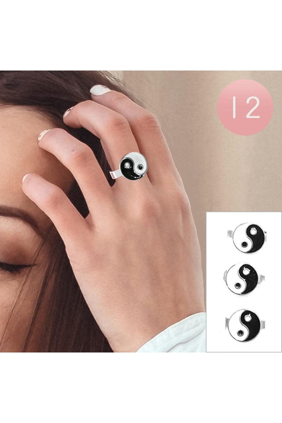 White 12PCS Enamel Yin Yang Stainless Steel Rings