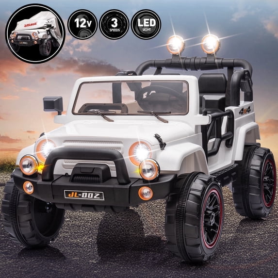 White 2-Seater 12V Battery Kids Ride On Car Truck Electric Toys 3 Speeds Gifts w/Music,LED,Cover,Remote Control