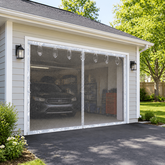 White 12x8 FT Door Opening Size Pre-Framed Fiberglass Magnetic Screen Kit