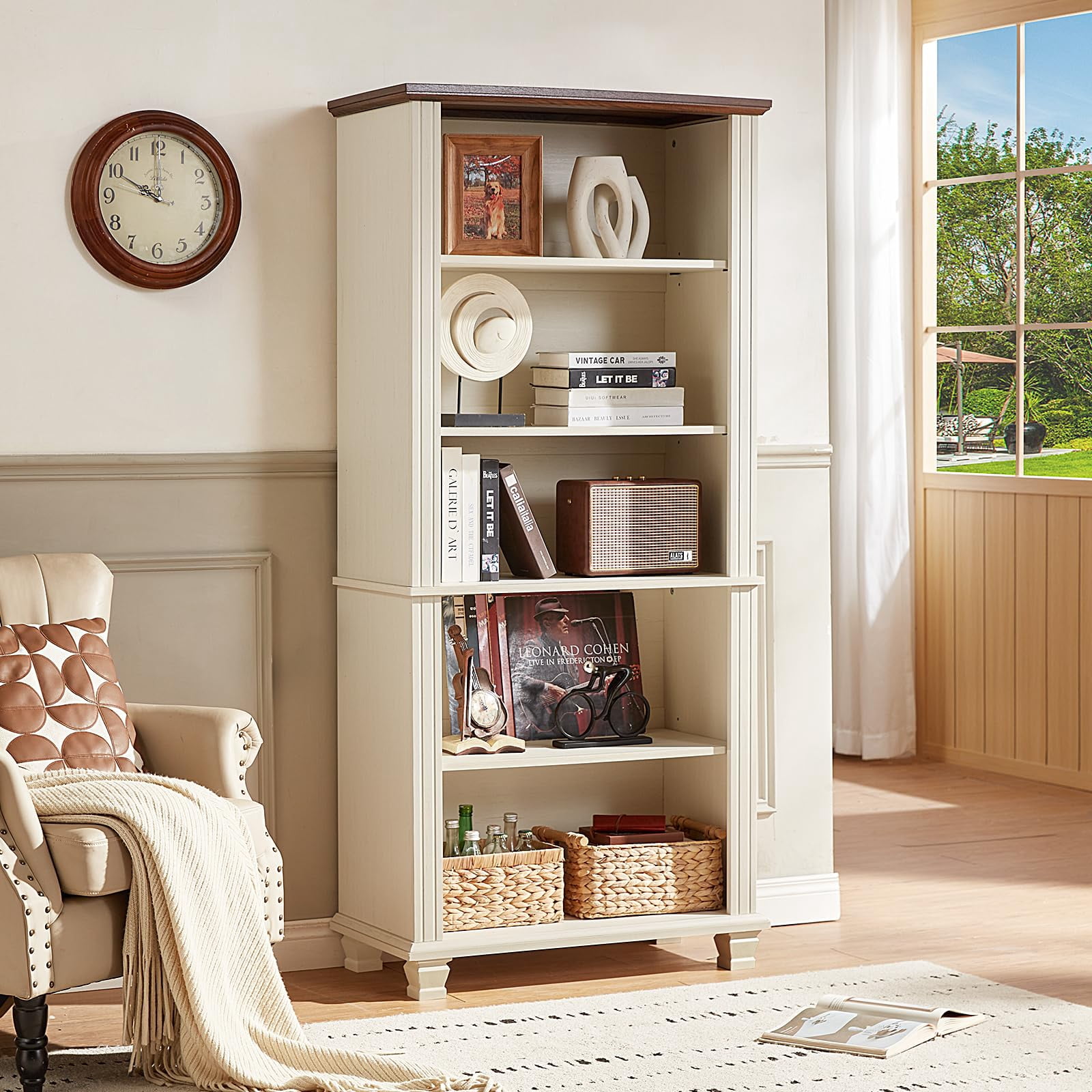 White 13.2"D x 31.5"W x 70"H 1 5-Tier Wood Bookcase with Adjustable