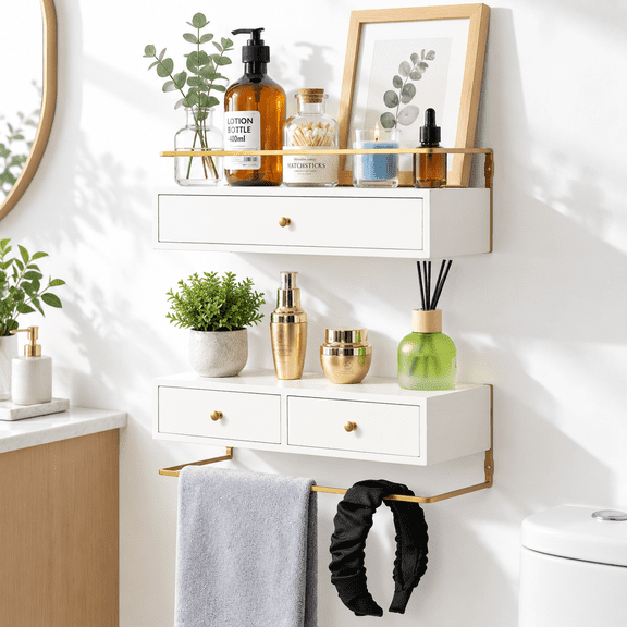 White 13.8 Inch Long Floating Shelves With Drawers Set of 2 Wall Mounted Storage