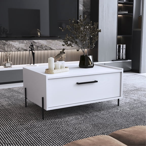 White 15.6" Height Coffee Table With 1 Shelf & 4 Legs - Compact For Tiny Spaces, Engineered Wood Built, Easy Assembly Needed White, Height, Space Saving Meaning, Produced Object, Given