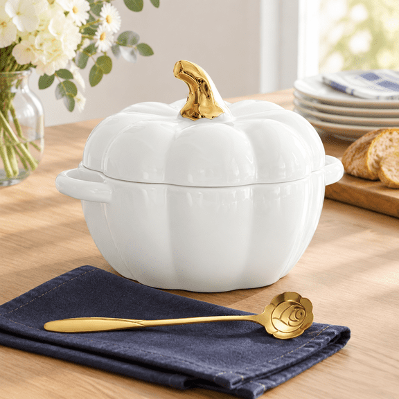 White 15 oz Ceramic Pumpkin Serving Bowl with Lid and Handle