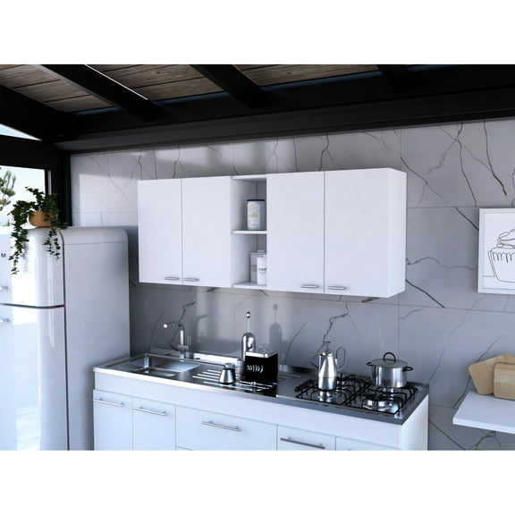 White 150 Wall Cabinet - Double Door, Two Outer & Inner Shelves 4 Door Panels With Metal Handles, Built-in Dish Rack Holder Storage Display Shelf Unit Stand In And Handles