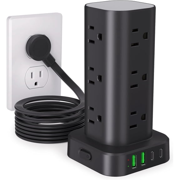 White 15FT Tower Surge Protector Power Strip 12 Outlets USB-C 15W Wireless Charger