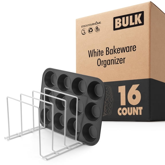White (16 Pack) Steel Baking Pan Organizer Rack for Cabinet or Counter, Holder for Kitchen Cutting Boards, Pot Lids, or Cookie Sheets - Rust Proof Wire, Drying Storage - Stock Your Home