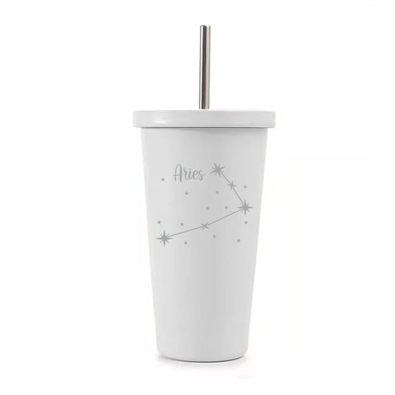 White 16 oz Stainless Steel Double Wall Insulated Tumbler Pool Beach Cup Travel Mug With Straw Star Zodiac Horoscope Constellation (Aries)