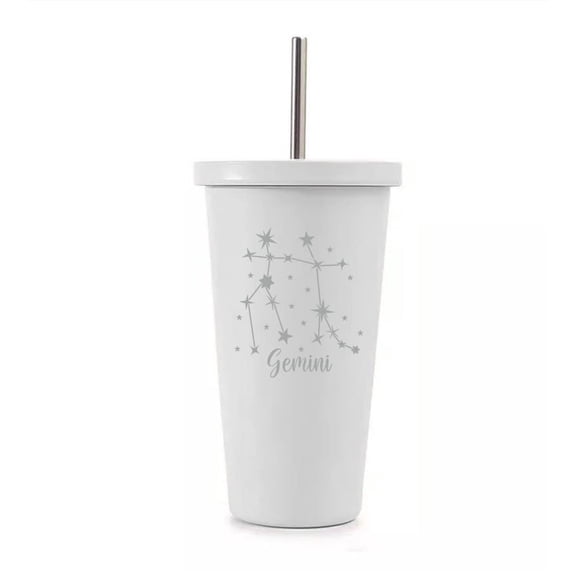 White 16 oz Stainless Steel Double Wall Insulated Tumbler Pool Beach Cup Travel Mug With Straw Star Zodiac Horoscope Constellation (Gemini)