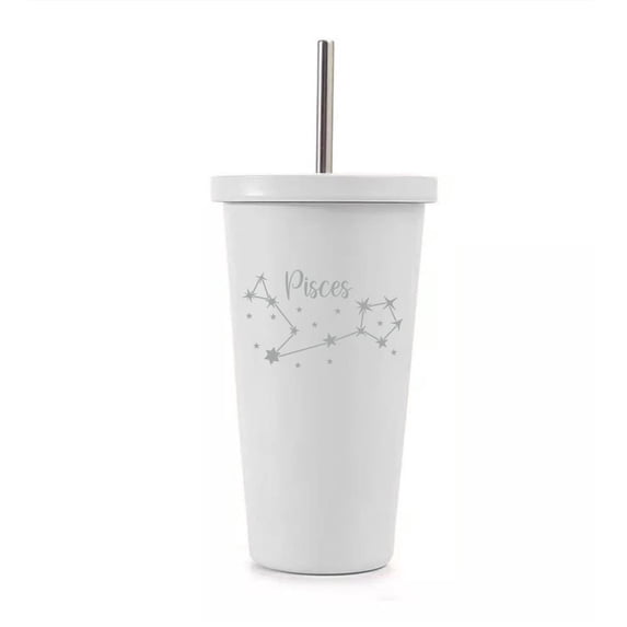 White 16 oz Stainless Steel Double Wall Insulated Tumbler Pool Beach Cup Travel Mug With Straw Star Zodiac Horoscope Constellation (Pisces)