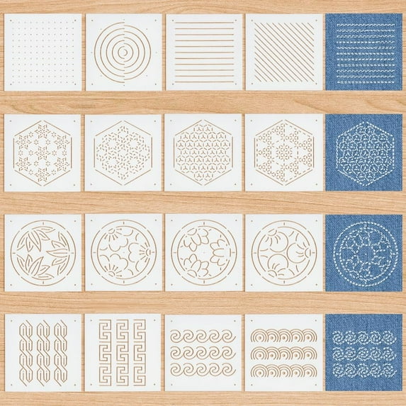 White 16Pcs 4Styles Plastic Sashiko Stencil 5x5inch Dots Lines s Botanicals Continuous Embroidery Tool Drawing Line Template for Hand Quilting and Embroidery 0.3mm Thick