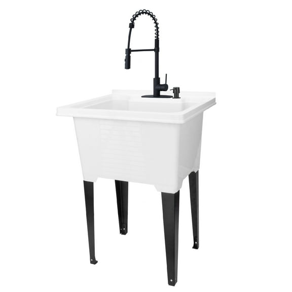 White 18 Gallon Utility Sink with Black Coil Pull-Down Faucet Luxe Edition