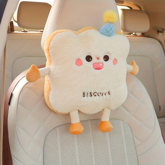 White 1pc Cute Plush Car Headrest Pillow - Smiling Biscuit/Biscuits-like (Biskit) Shape with Soft Marshmallow-like Top, Adorable Smiling Face & Black Eyes - Neck for Women & Men Drivers