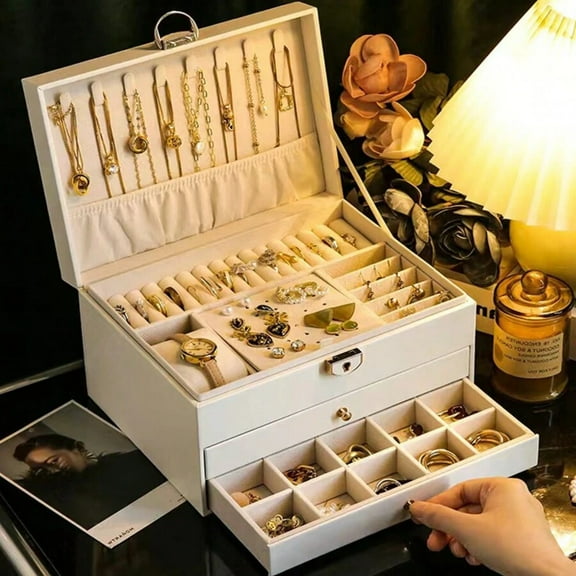 White 1pc Large-Capacity Three-Layer Jewelry Box, Pu Leather Multi-Functional Jewelry Box, Watch Box With Lock, Storage Box, Ring Earrings Necklace Storage Container，Jewelry Box for Women Girls