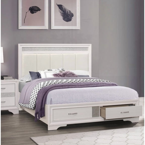 White 1pc Queen Platform Bed with Silver Glitter Accent, Upholstered Headboard and Drawer Storage