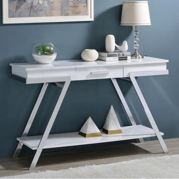 White 1pc Sofa Table in Contemporary Style Featuring High Gloss Chrome Frame and Open Shelf