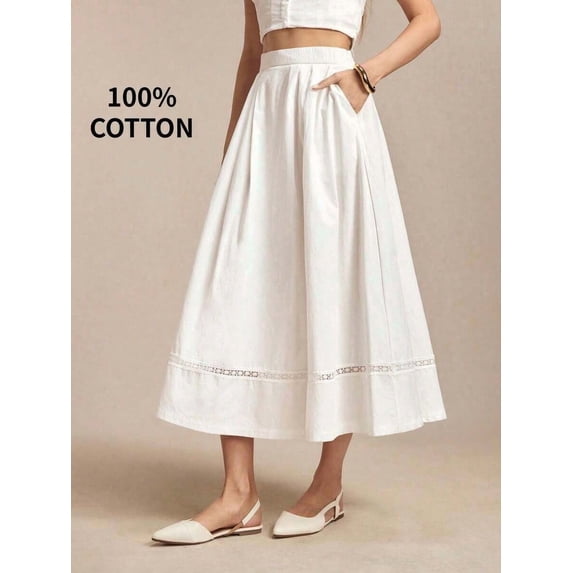 White 2 100% Cotton A-Line Midi Skirt With Lace Hem And Side Pockets