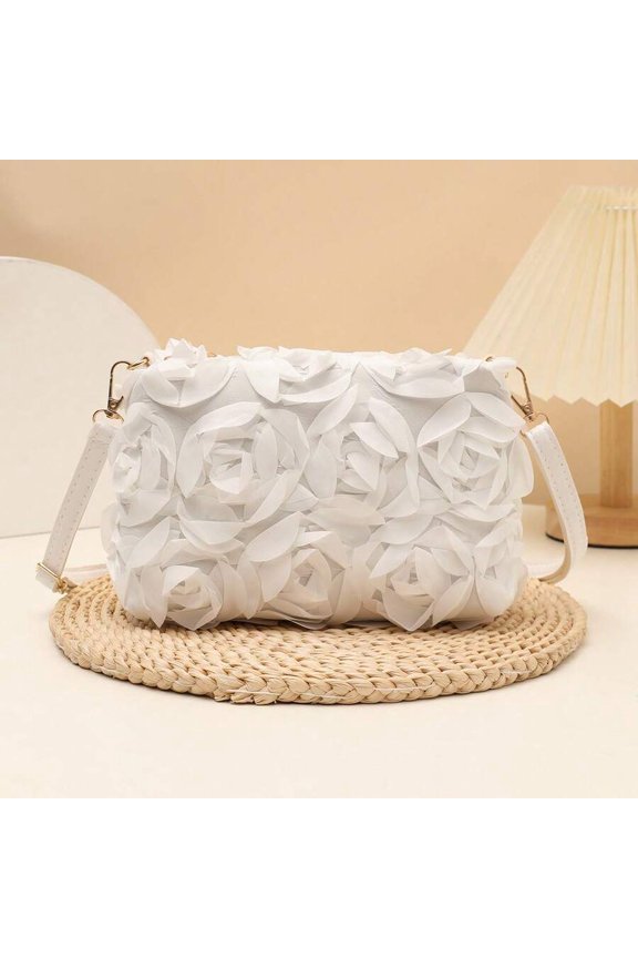 White-2 3D Rose Floral Shoulder Bag With Gold-Tone Hardware And Adjustable
