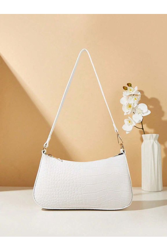 White-2 Crocodile Embossed Underarm Shoulder Bag With Gold-Tone Hardware