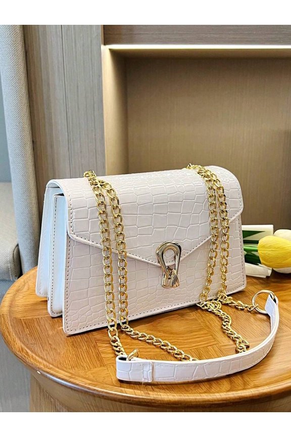 White-2 Crocodile Texture Mini Chain Shoulder Bag With Gold-Tone Clasp