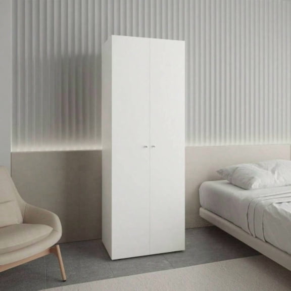 White 2-Door Closet System Armoire with Hanging Rod & Shelves, Modern Bedroom Storage Organizer