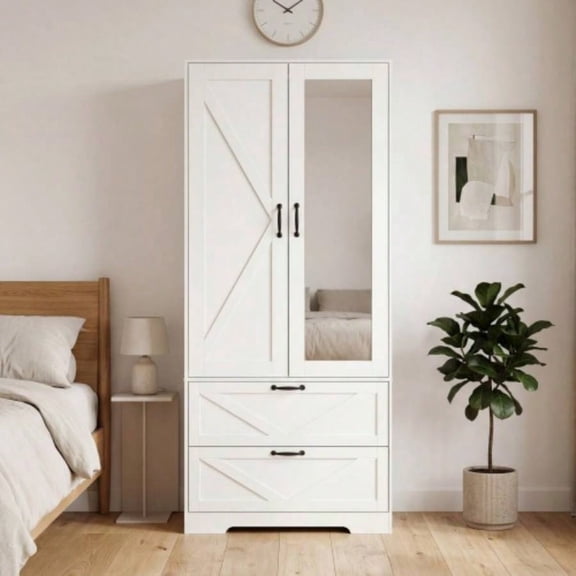 White 2-Door Wood Wardrobe, Inner Hanging Rod, 2 Storage Drawers, Induction Closet with Full-Body Mirror