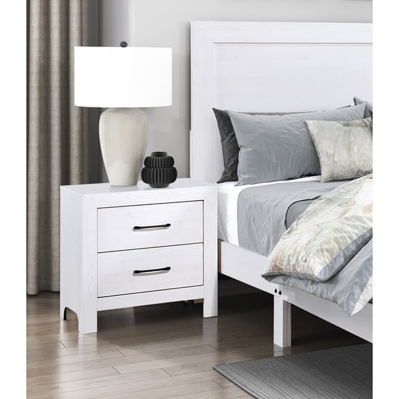White 2-Drawer Nightstand with Black Hardware, Wooden Bedside Table for Bedroom, Dovetail Drawers, No Assembly Required