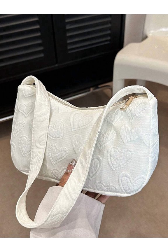 White-2 Embossed Heart Saddle Shoulder Bag With Adjustable Strap