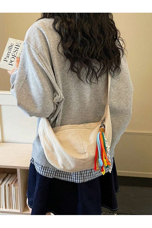 White-2 Foldable Oxford Cloth Crossbody Bag With Colorful Tassel Strap
