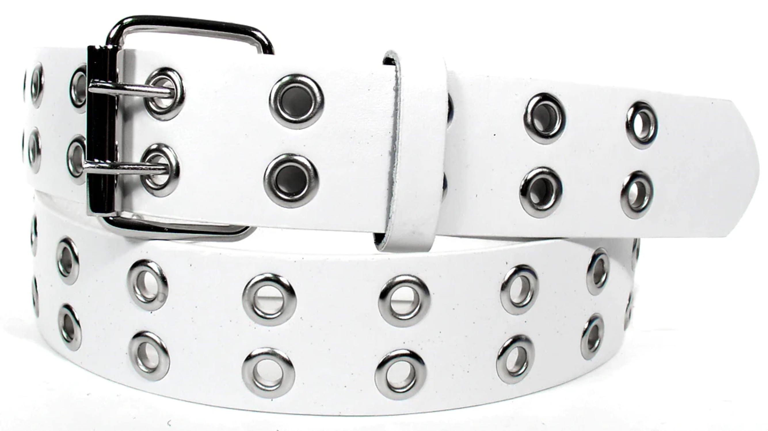 White Holes Row Silver Grommets Bonded Leather Belt Removable