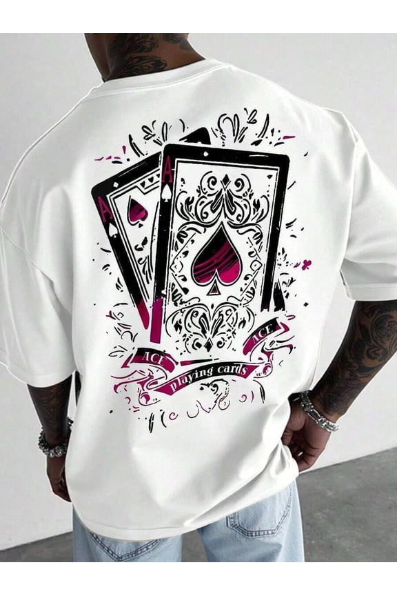 White 2 Oversized Graphic Short Sleeve T-Shirt With Pink Ace Of Spades Playing Cards Print, Streetwear Loose Fit Tee For Men