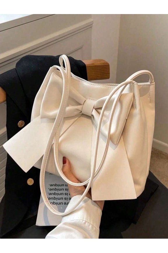 White-2 PU Leather Bow Shoulder Bag, Lightweight Large Capacity