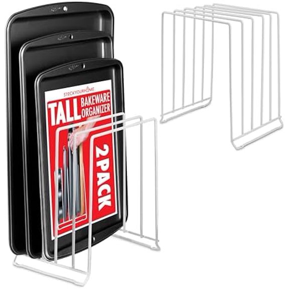 White (2 Pack) Extra Tall Steel Baking Pan Organizer Rack for Cabinet Storage or Kitchen Counter, Cookie Baking Sheet Organizer with Dividers, Muffin Tin and Cutting Board Holder