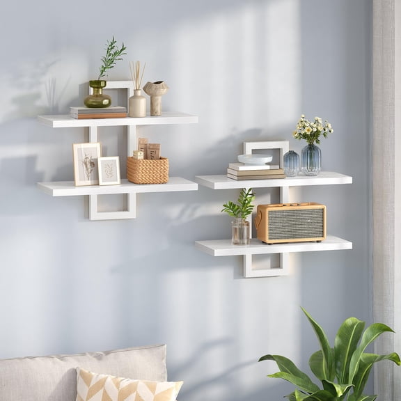 White 2 Pack Floating Wall Shelves 2-Tier Mounted Storage for Living Room Bedroom Kitchen Bathroom