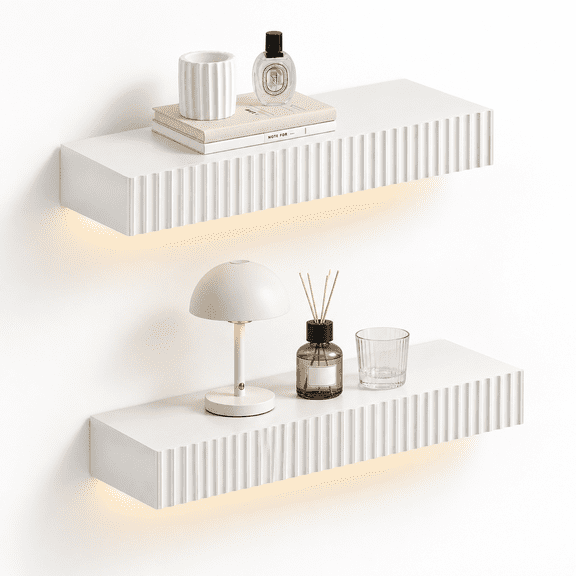 White 2-Pack Floating Wall Shelves with Drawer and LED Motion Lighting