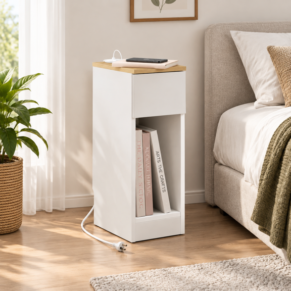 White 2-Pack Narrow Modern Nightstand Set with Charging Station
