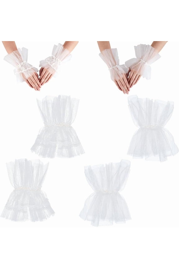 White 2 Pair 2 Style Lace Wrist Cuff White Pearl Tulle Lace Wristband Floral Wrist Cuffs Lolita Fingerless Gloves for Women Masquerade Wedding Party Tea Party